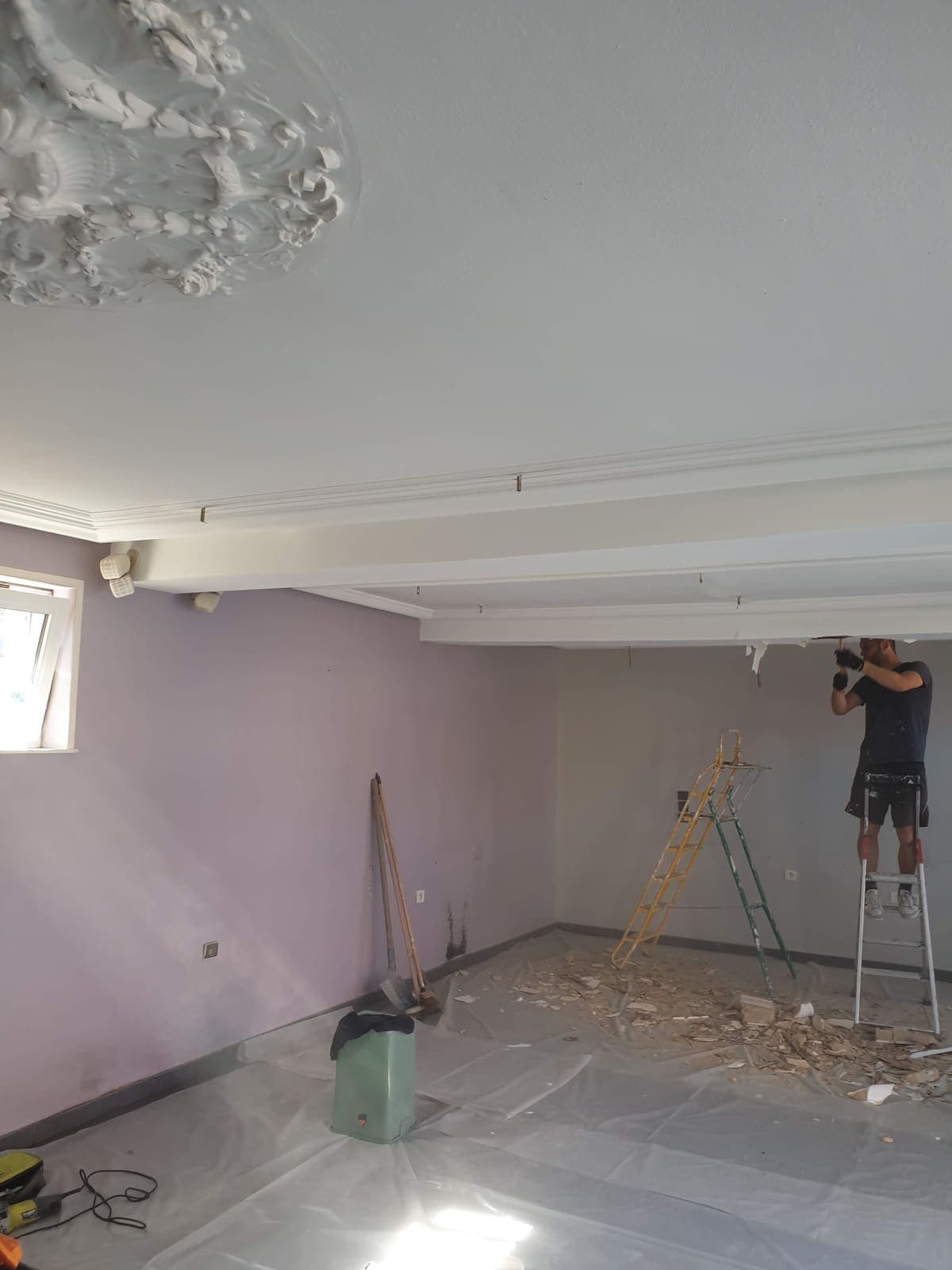 Le salon avant travaux, murs mauves et faux plafond d'origine (avant)